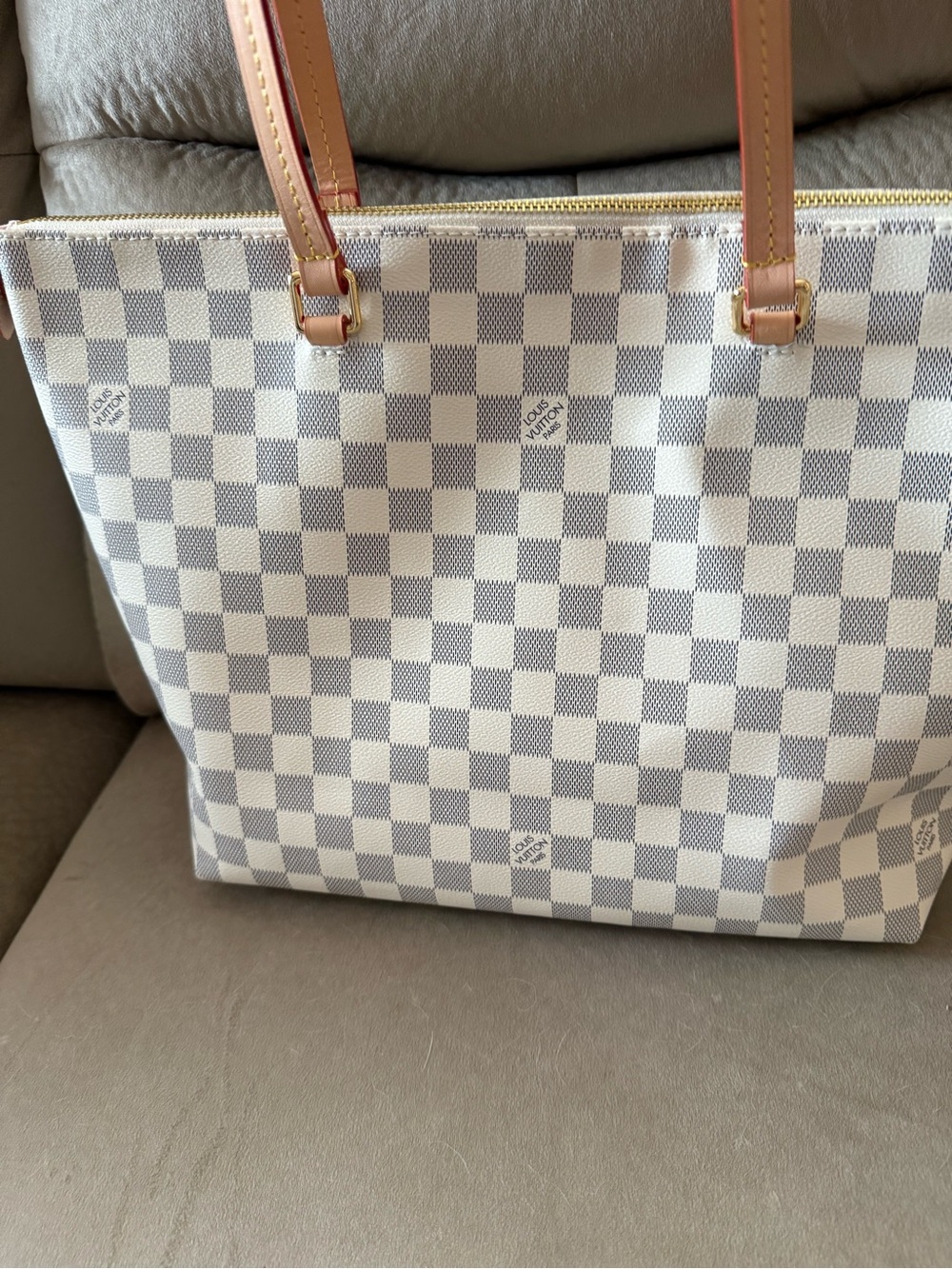 Cream and Gray Damier Azur Canvas Tote with Natural Leather Trim - Picture 2 of 13